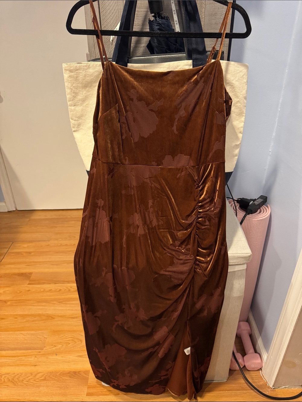 Taylor Brown Velvet Midi Slip Dress with Floral Burnout